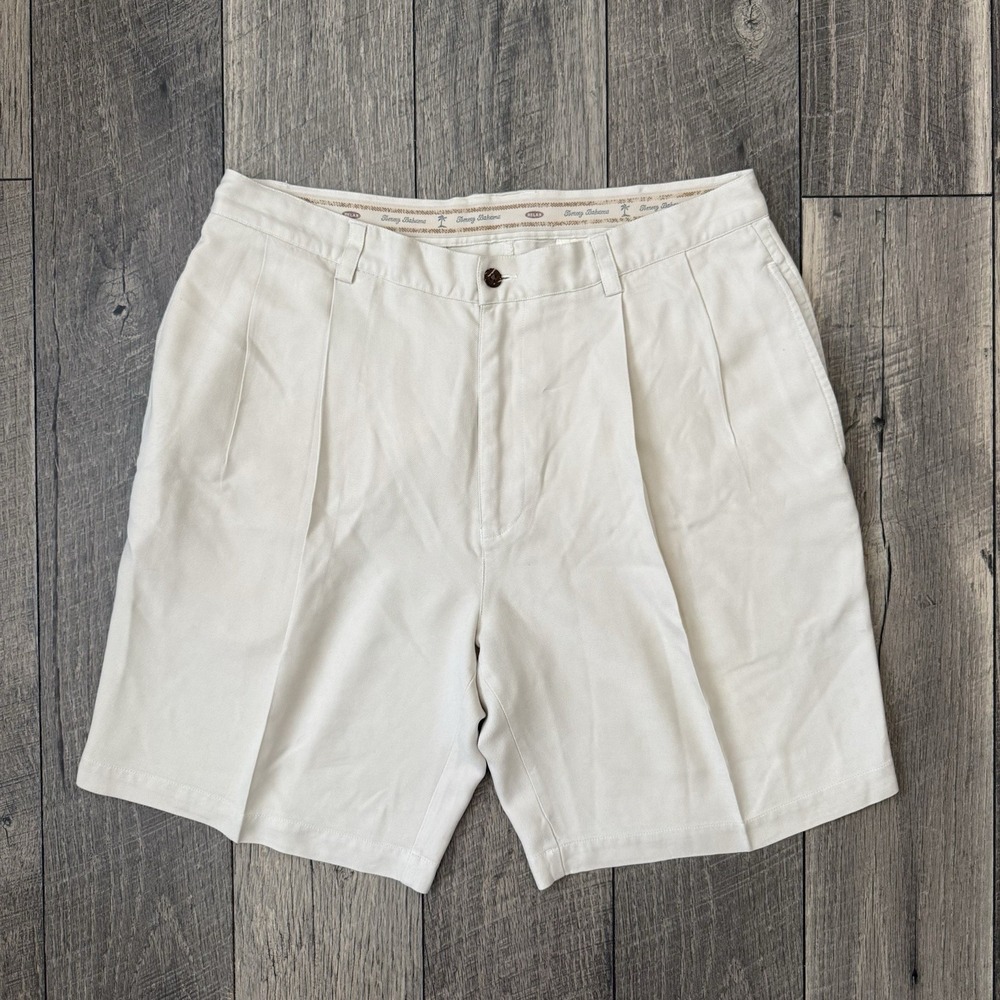 Tommy Bahama Mens 35 Beige 100% Silk Flat Front Relax Luxury Golf Shorts Pleated